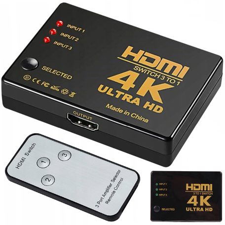  HDMI elosztó, 3 csatornás, 4K Ultra HD, távirányító
